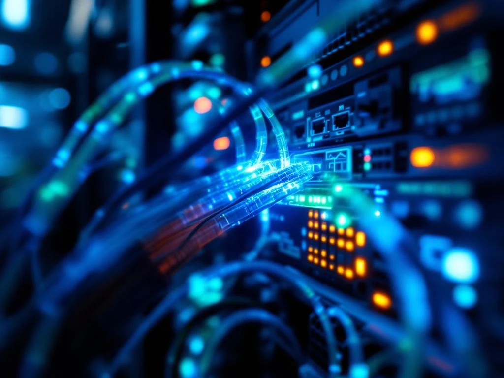 Verlichte glasvezelkabels met blauwe en groene lichtstralen vanuit netwerkbeheerconsole met digitale displays