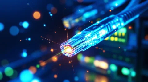 Vezeloptische kabels met blauwe en groene lichtpulsen en netwerkswitch met ethernet-poorten voor xPON-technologie
