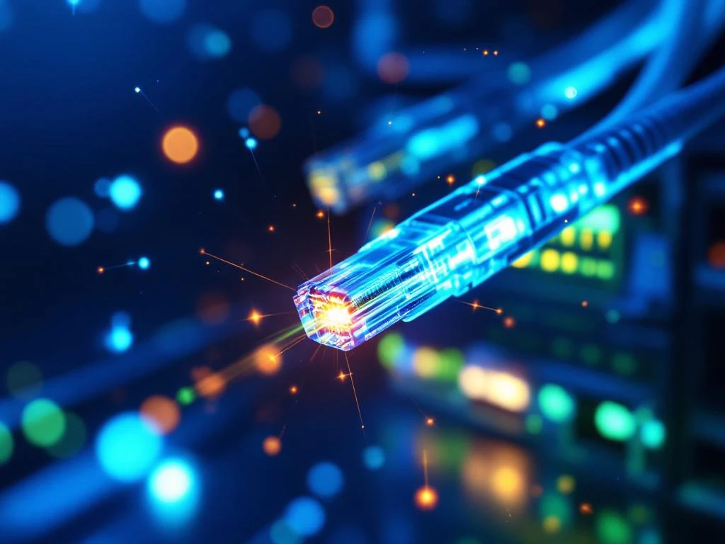 Vezeloptische kabels met blauwe en groene lichtpulsen en netwerkswitch met ethernet-poorten voor xPON-technologie