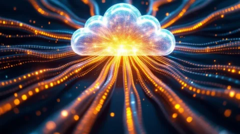 Glasvezelnetwerk met verlichte datakabels die convergeren naar centrale cloud-hub met gouden lichtstromen