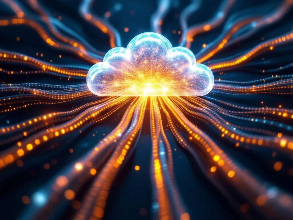 Glasvezelnetwerk met verlichte datakabels die convergeren naar centrale cloud-hub met gouden lichtstromen