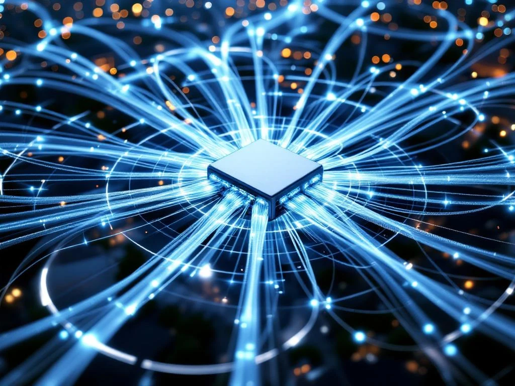 Luchtfoto van glasvezelnetwerk met centrale GPON-hub en uitstralende kabels naar gebouwen met LED-indicatoren