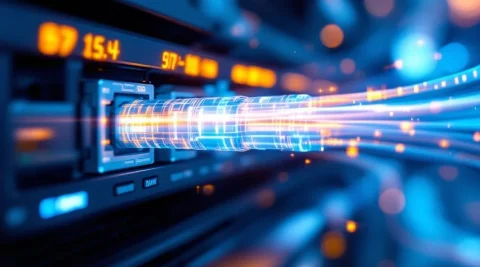 Verlichte glasvezelkabels met lichtpulsen verbonden aan netwerkrouter in datacenter met blauwe LED-verlichting