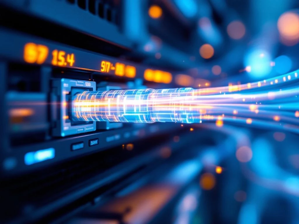 Verlichte glasvezelkabels met lichtpulsen verbonden aan netwerkrouter in datacenter met blauwe LED-verlichting