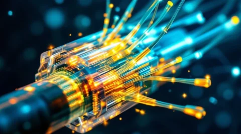 Dwarsdoorsnede van glasvezelkabels met gloeiende lichtstralen door transparante kernen in PON-netwerk