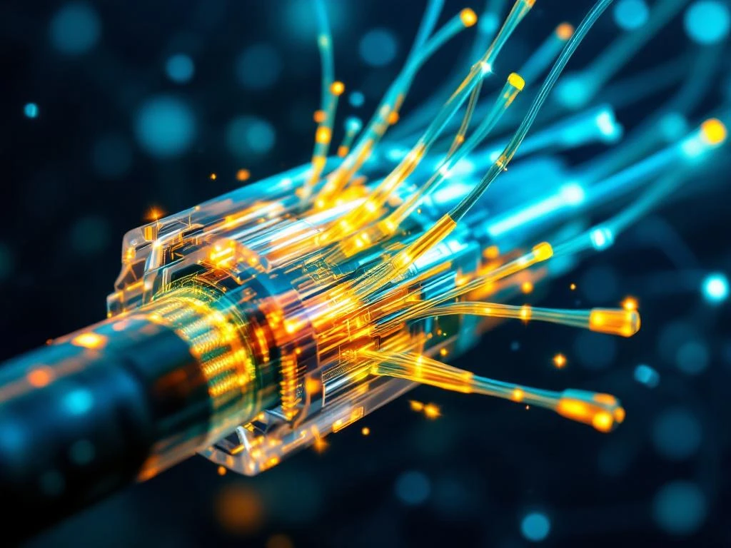 Dwarsdoorsnede van glasvezelkabels met gloeiende lichtstralen door transparante kernen in PON-netwerk