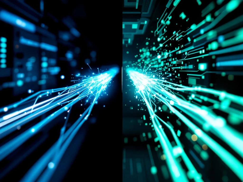 Glasvezelkabels met trage lichtpulsen links versus snelle chaotische datastromen rechts, blauwe en groene verlichting