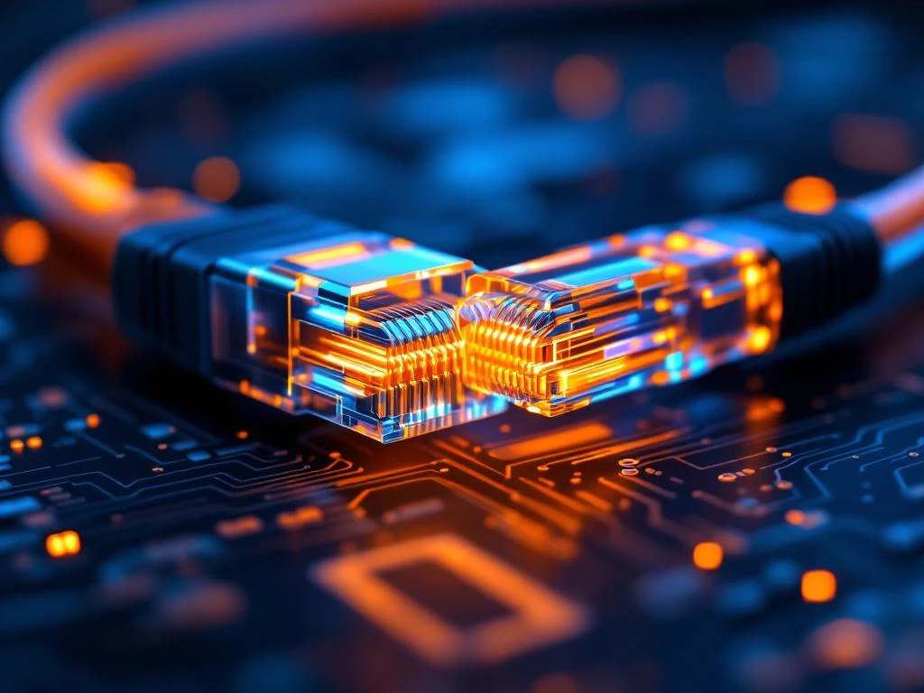 Glasvezelkabels met gloeiende oranje en blauwe lichtstromen, 10G naar 100G netwerkpoort upgrade op donkere achtergrond