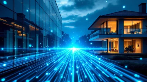 Glasvezelkabels verbinden modern kantoorgebouw met woonhuis, met blauwe lichtstralen die zakelijke en residentiële omgevingen koppelen