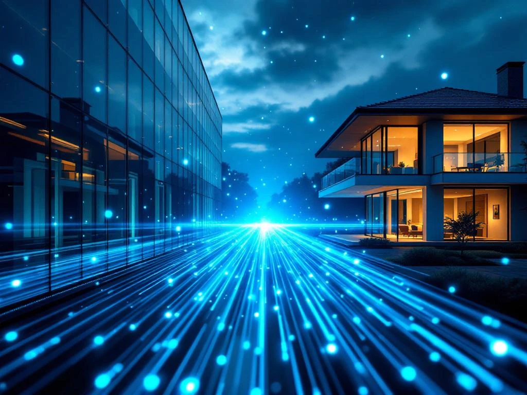 Glasvezelkabels verbinden modern kantoorgebouw met woonhuis, met blauwe lichtstralen die zakelijke en residentiële omgevingen koppelen