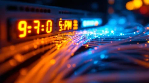 Glasvezelkabels met oranje en blauwe lichtstralen verbonden aan netwerkswitch, klok toont piekuren 19:00-21:00