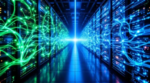 Vergelijking van GPON en EPON glasvezelnetwerk architecturen met groene en blauwe verlichte kabelverbindingen in datacenter
