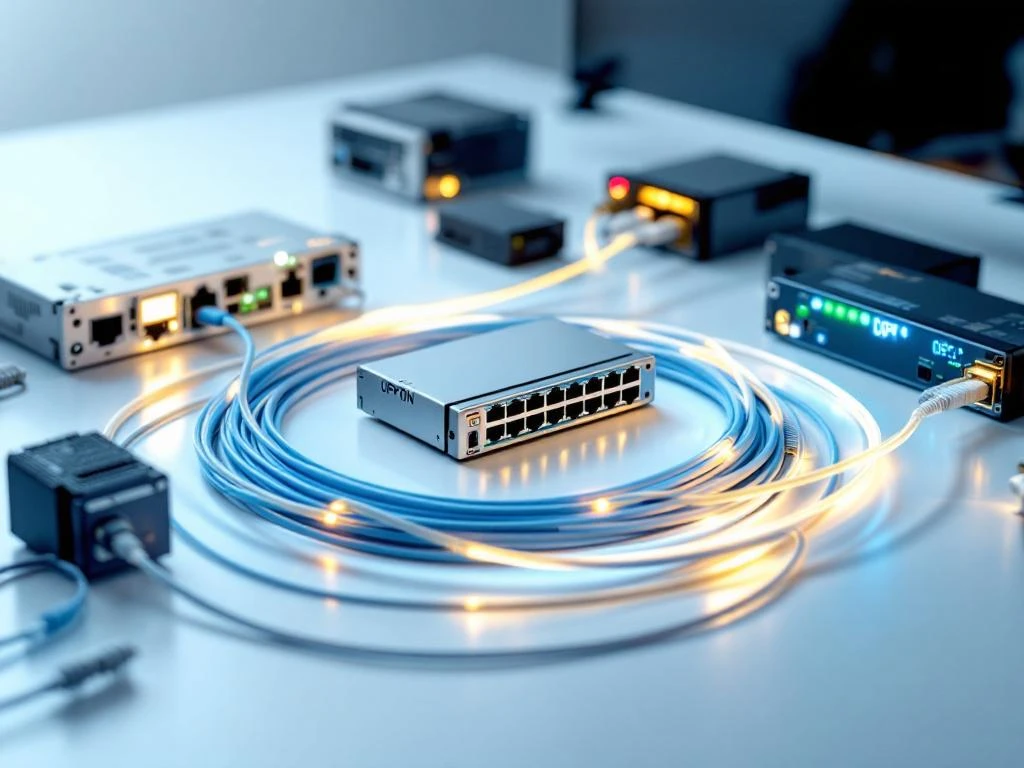 GPON netwerkuitrusting met optische lijn terminal, fiber optic kabels en netwerkcomponenten op witte ondergrond