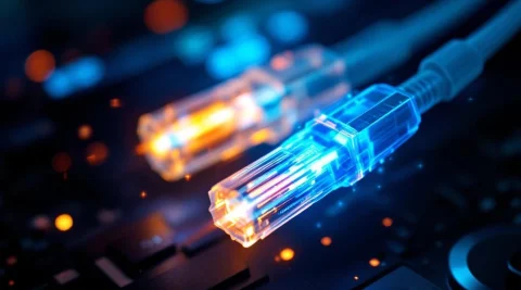 Glasvezelkabels met blauwe lichtstralen die van helder naar dimmer gaan, toont internetsnelheidsvariaties door de dag.