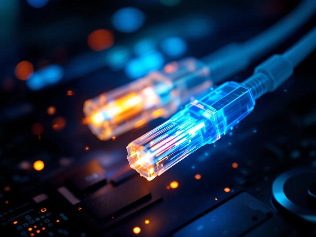 Glasvezelkabels met blauwe lichtstralen die van helder naar dimmer gaan, toont internetsnelheidsvariaties door de dag.