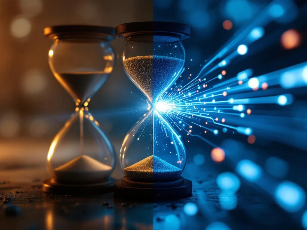 Zandloper en glasvezelkabel in split-screen die contrast tussen oude en moderne internetsystemen toont