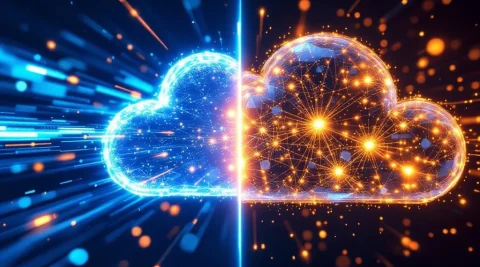 Glasvezelkabels met blauwe lichtstromen en gouden cloudstructuur verdeeld door verticale lijn, technologie concept