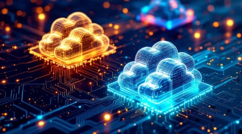 Drie onderling verbonden cloud-infrastructuren van glasvezelkabels met gekleurde kernen boven circuitbordpatroon