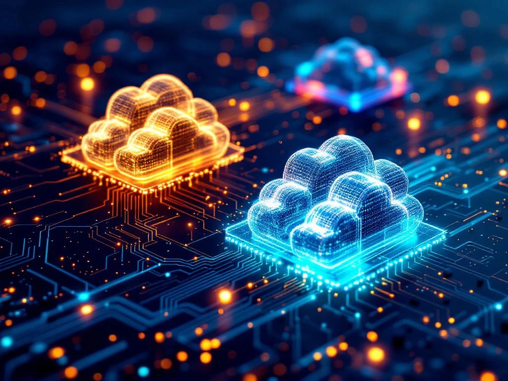 Drie onderling verbonden cloud-infrastructuren van glasvezelkabels met gekleurde kernen boven circuitbordpatroon