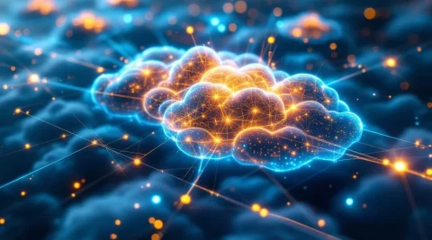 Vezeloptisch netwerk met gloeiende dataknooppunten en lichtstralen boven cloud-infrastructuur met circuitpatronen