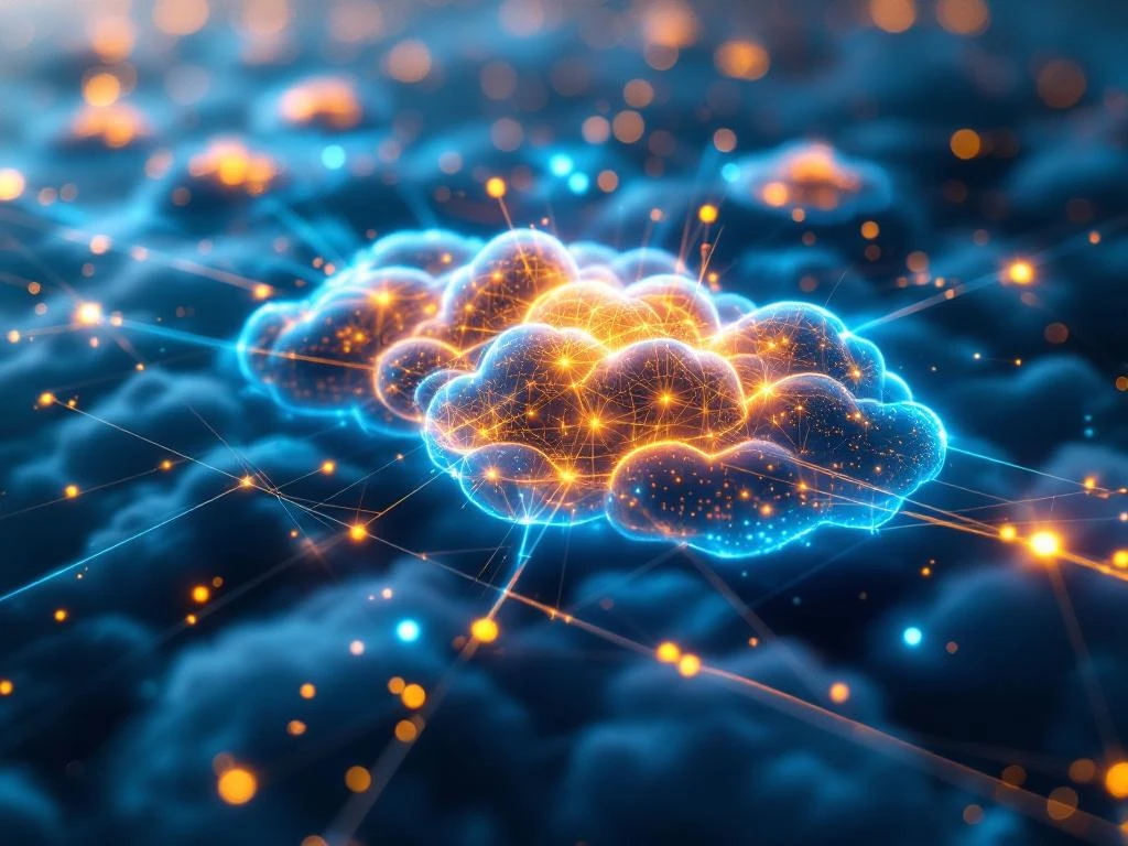 Vezeloptisch netwerk met gloeiende dataknooppunten en lichtstralen boven cloud-infrastructuur met circuitpatronen