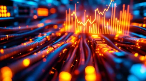 Snelheidsmeter toont netwerksnelheid boven 1 Gbps met gloeiende glasvezelkabels en ethernet-switches op achtergrond