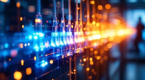 Glasvezelkabels met blauwe en oranje lichtstromen die datacongestie en netwerkknelpunten symboliseren