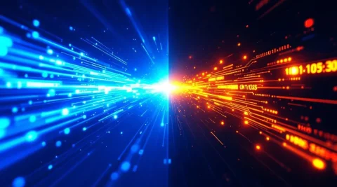 Split-screen vergelijking: directe blauwe glasvezelkabel versus gewonden oranje datapad door netwerkknooppunten