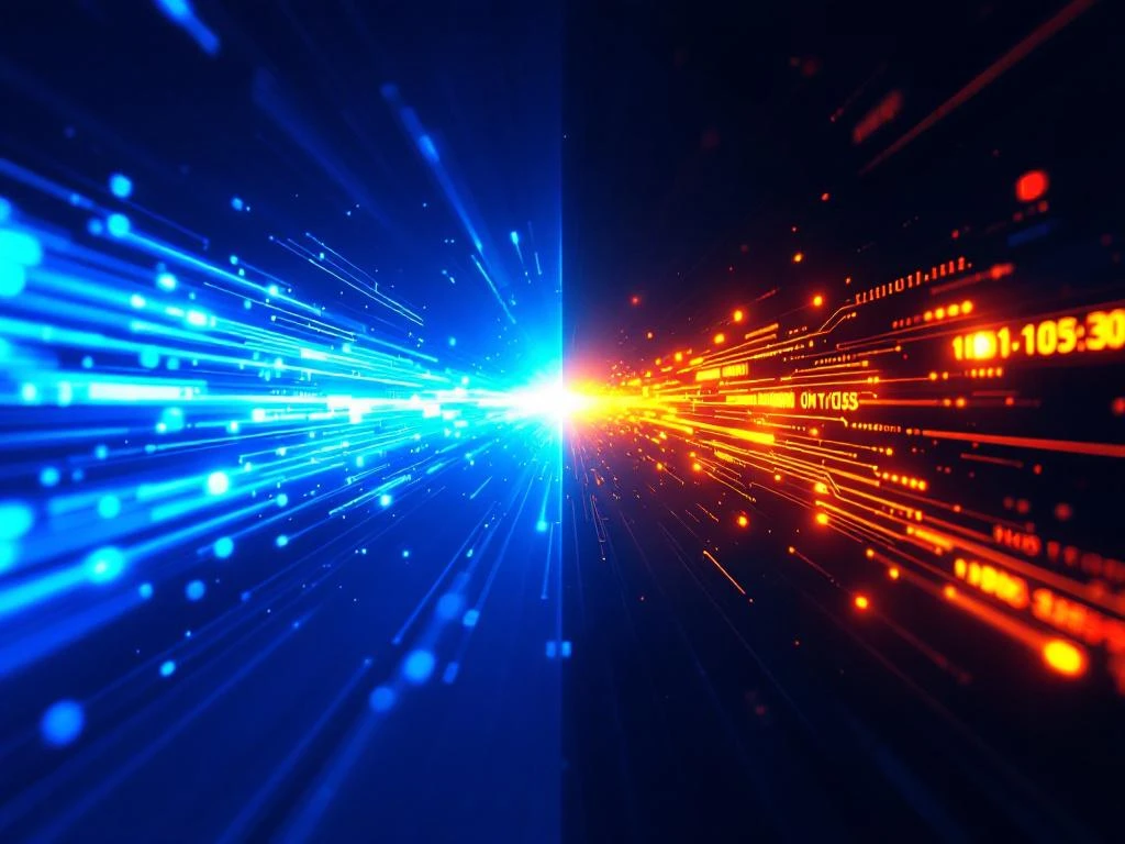 Split-screen vergelijking: directe blauwe glasvezelkabel versus gewonden oranje datapad door netwerkknooppunten