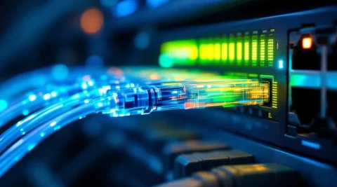 Glasvezelkabels met blauwe en groene datastromen verbonden aan netwerkswitch met knipperende LED-indicatoren