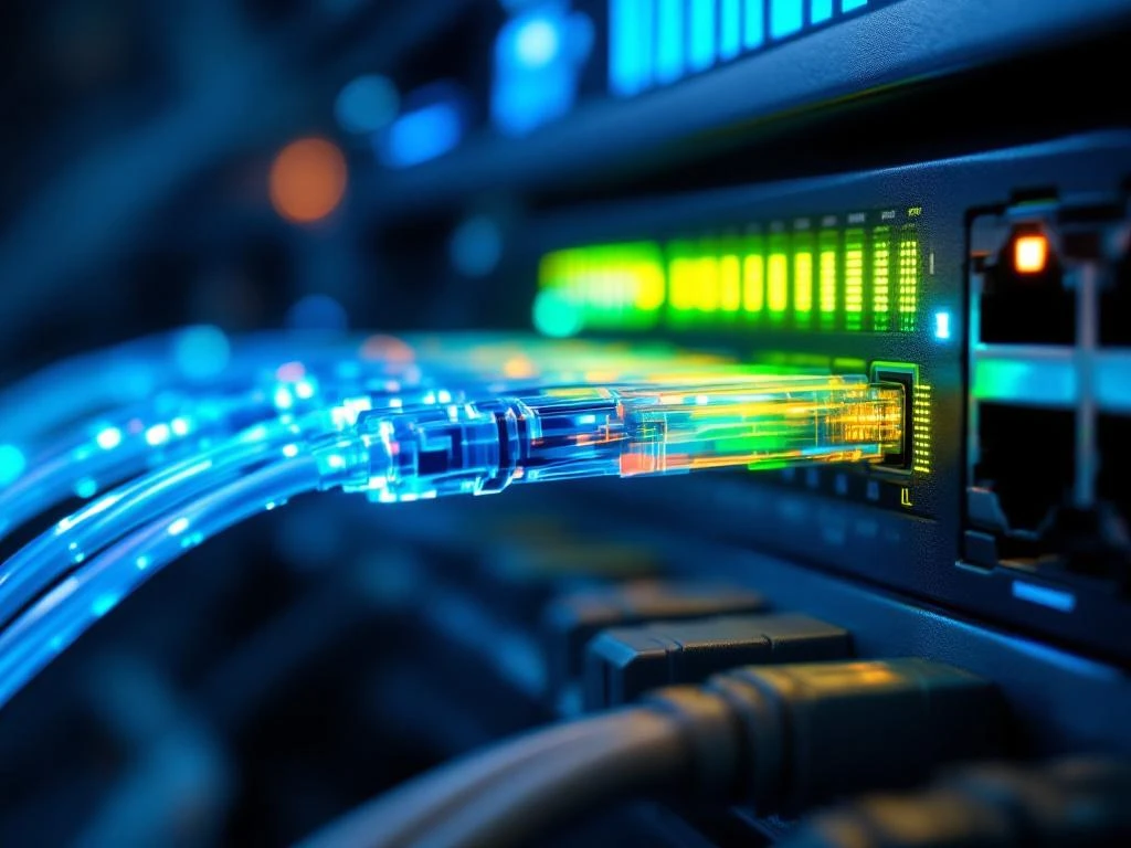Glasvezelkabels met blauwe en groene datastromen verbonden aan netwerkswitch met knipperende LED-indicatoren