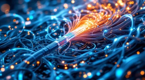 Glasvezelkabels transformeren in complex netwerkmaze met blauwe en oranje datastromen door cloudlagen van serverhardware