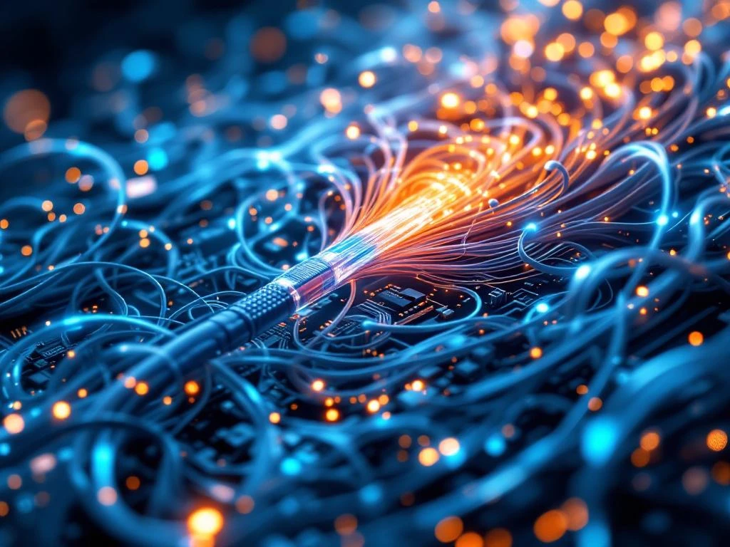 Glasvezelkabels transformeren in complex netwerkmaze met blauwe en oranje datastromen door cloudlagen van serverhardware