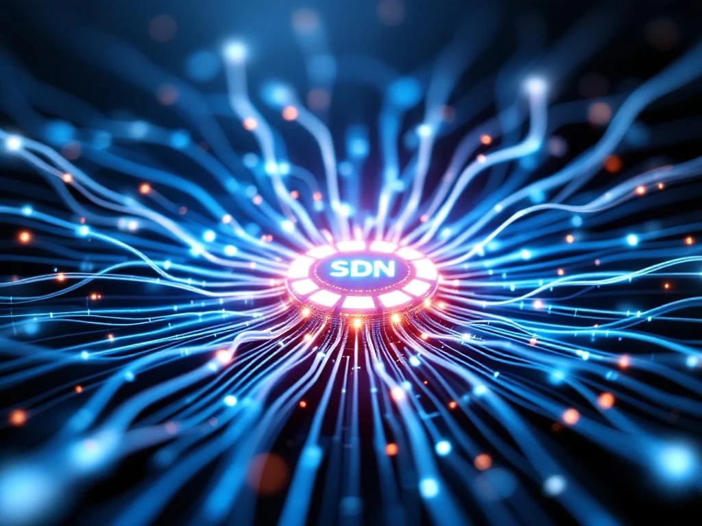 Vogelperspectief van blauw verlicht glasvezelnetwerk met holografische technische labels die convergeren in centraal knooppunt