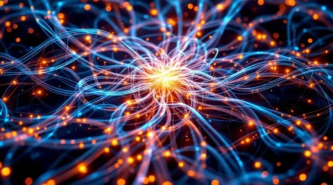 Complexe 3D-netwerkinfrastructuur met gloeïende glasvezelkabels, knooppunten en vertakkingen die cloudconnectiviteit symboliseren