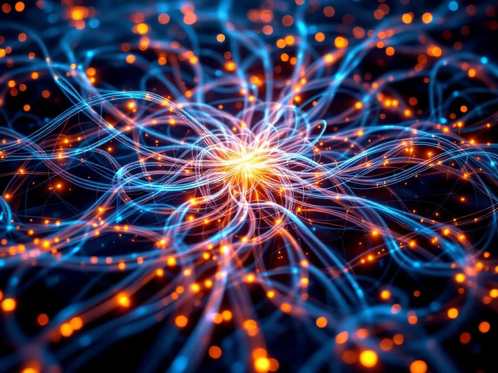 Complexe 3D-netwerkinfrastructuur met gloeïende glasvezelkabels, knooppunten en vertakkingen die cloudconnectiviteit symboliseren