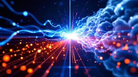 Glasvezelkabel met blauwe datapulsen verbindt met cloudservers, oranje vertragingsindicatoren tonen netwerklatentie