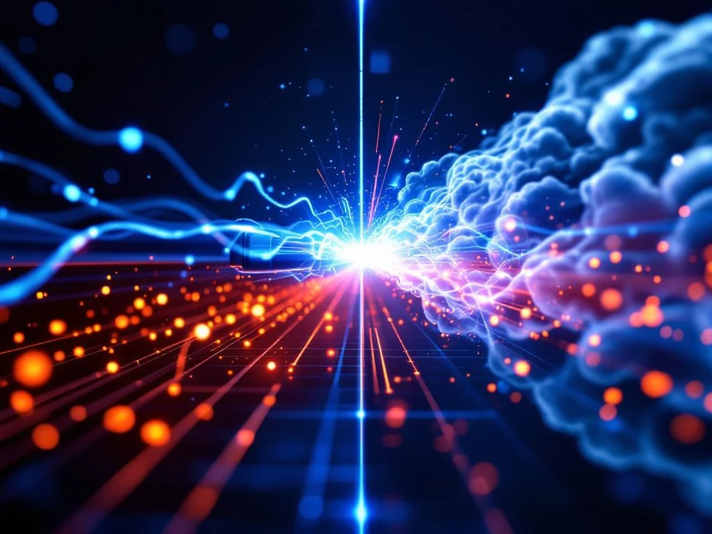 Glasvezelkabel met blauwe datapulsen verbindt met cloudservers, oranje vertragingsindicatoren tonen netwerklatentie