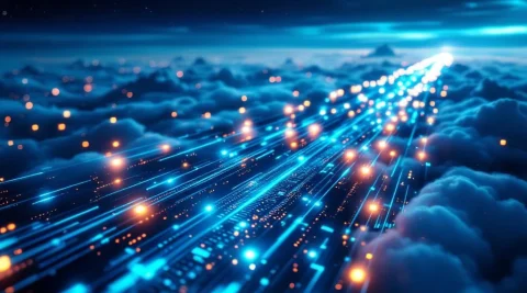 Luchtfoto van glasvezelnetwerk met gloeiende datapakketten tussen Europees datacenter en wolkenformaties