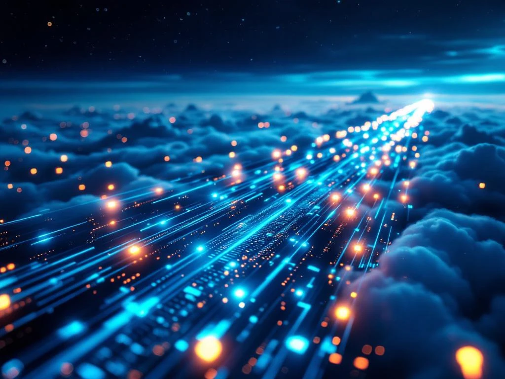 Luchtfoto van glasvezelnetwerk met gloeiende datapakketten tussen Europees datacenter en wolkenformaties