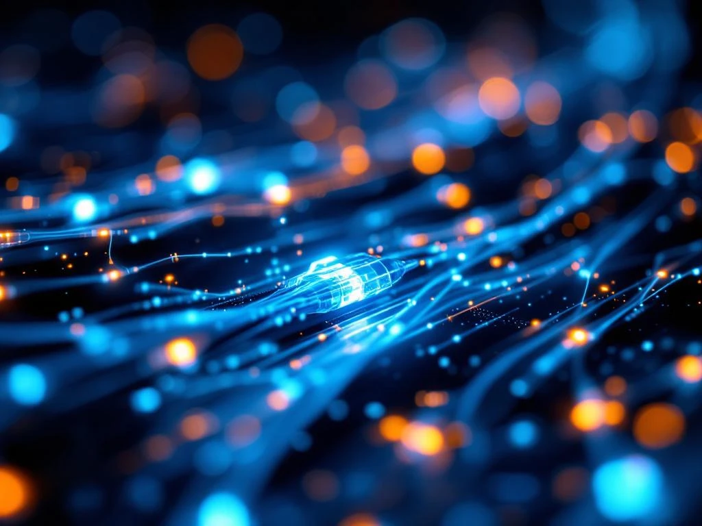 Glasvezelkabels met blauwe en amber lichtsporen tonen datatransmissie met vertraging en netwerkverbindingen