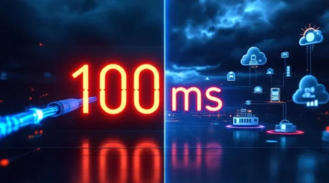 Glasvezelkabel verbonden met serverrack toont 100ms latentie met stormwolken boven cloud-infrastructuur