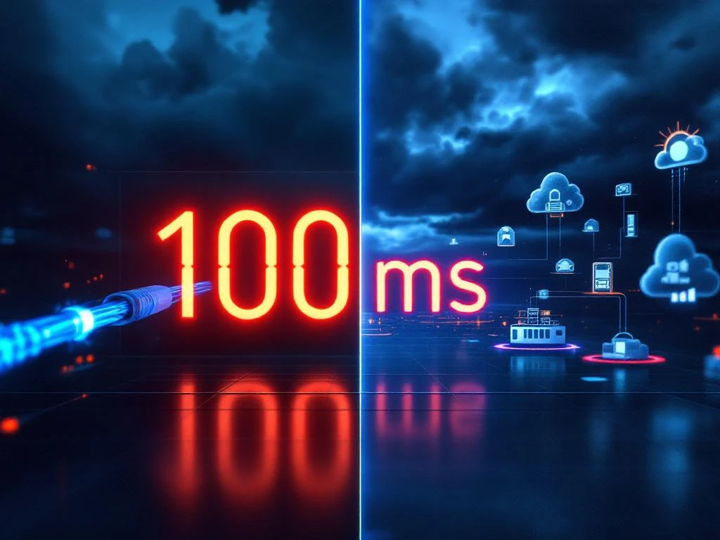 Glasvezelkabel verbonden met serverrack toont 100ms latentie met stormwolken boven cloud-infrastructuur