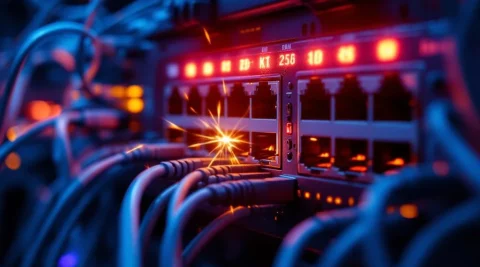Overbelaste ethernet-switch met rode waarschuwingslampjes en verwarde netwerkkabels die netwerk congestie tonen