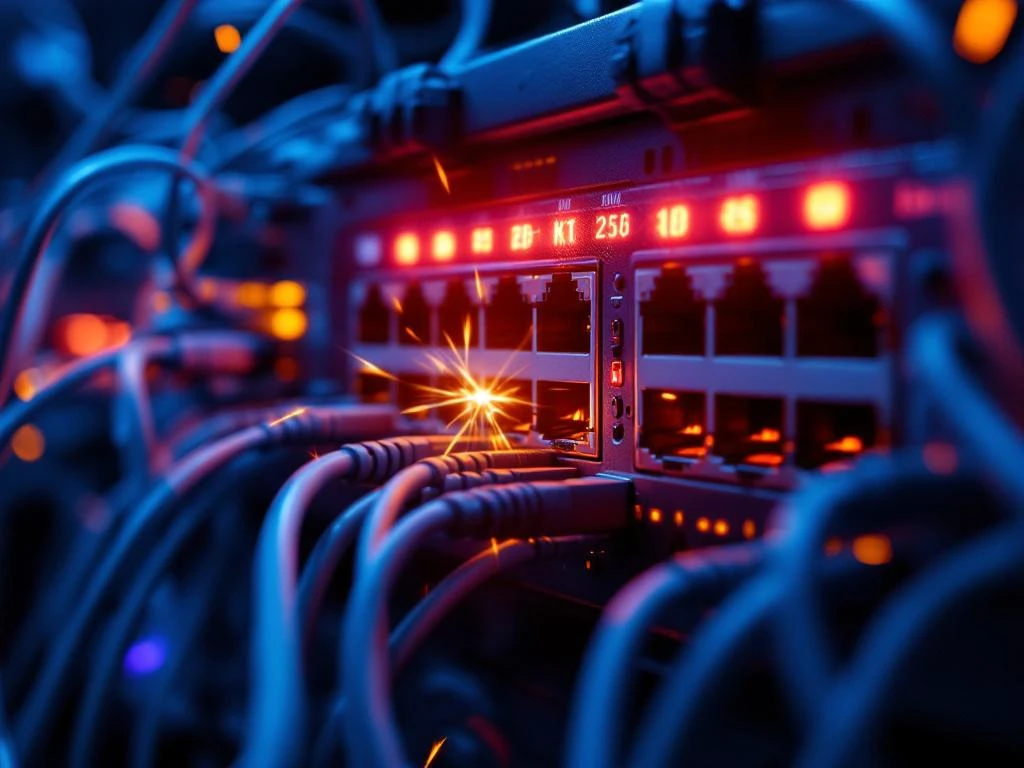 Overbelaste ethernet-switch met rode waarschuwingslampjes en verwarde netwerkkabels die netwerk congestie tonen