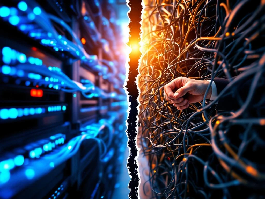 Gesplitste scène met georganiseerde serverrack en gloeiende glasvezelkabels tegenover chaotische netwerkbekabeling