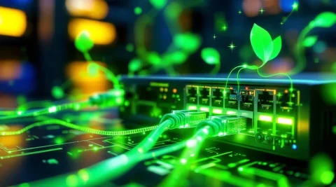Netwerkswitch met groene LED-indicatoren en ethernetkabels in duurzame datacenteromgeving met digitale energiestromen