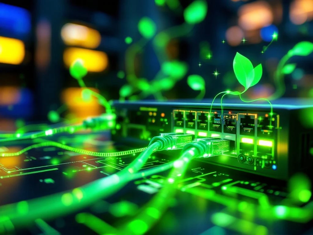 Netwerkswitch met groene LED-indicatoren en ethernetkabels in duurzame datacenteromgeving met digitale energiestromen