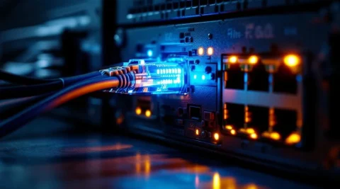 Oude netwerkswitch met stof verbonden via ethernetkabels met moderne glasvezelrouter met blauwe LED-indicatoren