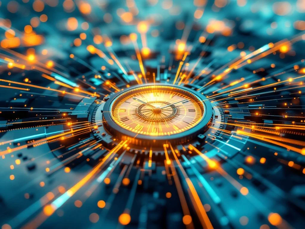 Gesynchroniseerde klokwerken en precisietandwielen verbonden door glasvezelkabels tussen zwevende serverknopen in digitale wolken